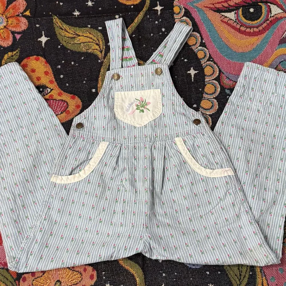 Vintage 90s OshKosh B'Gosh Floral Striped Embroidered Vestbak Overalls Girls 6
